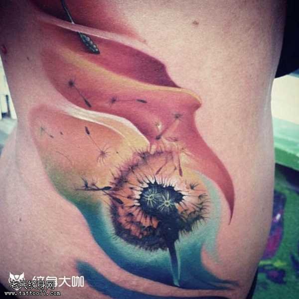 腰部彩薄公英纹身图案