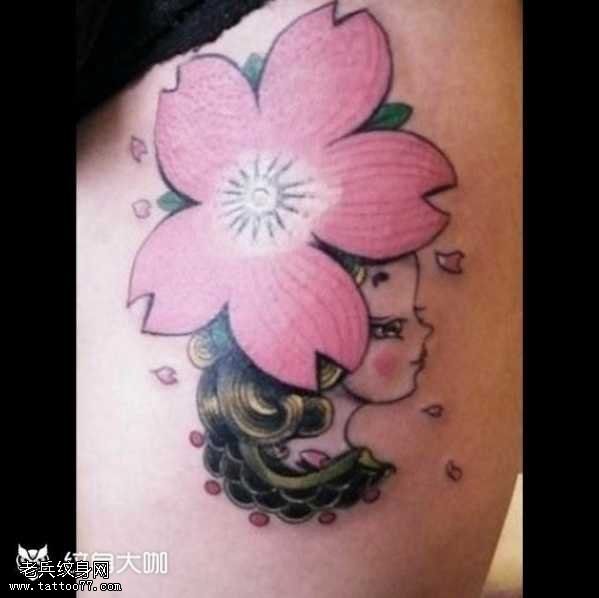 腿部樱花人物纹身图案