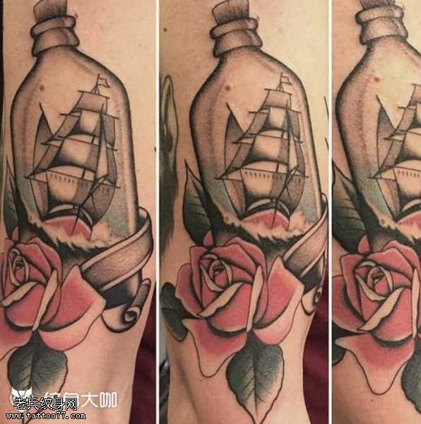 腰部玫瑰船纹身图案