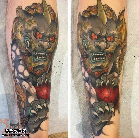 腿部石狮纹身图案
