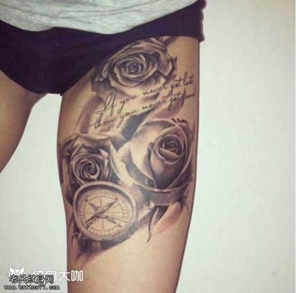 腿部玫瑰指南针纹身图案