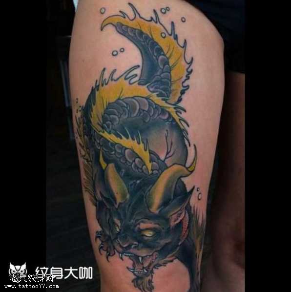 腿部猫麒麟纹身图案