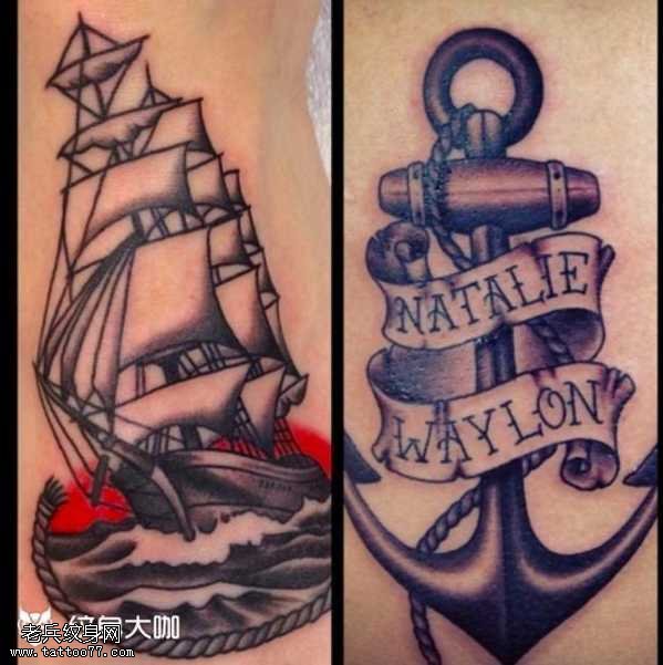 脚部船锚纹身图案