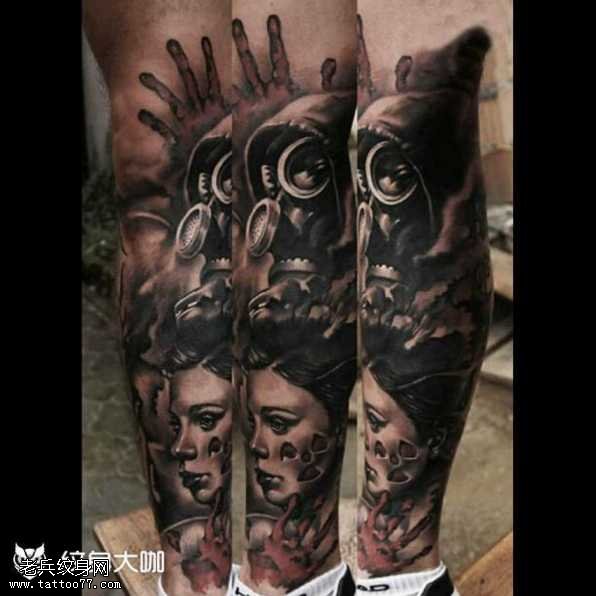 腿部个性生化面具纹身图案