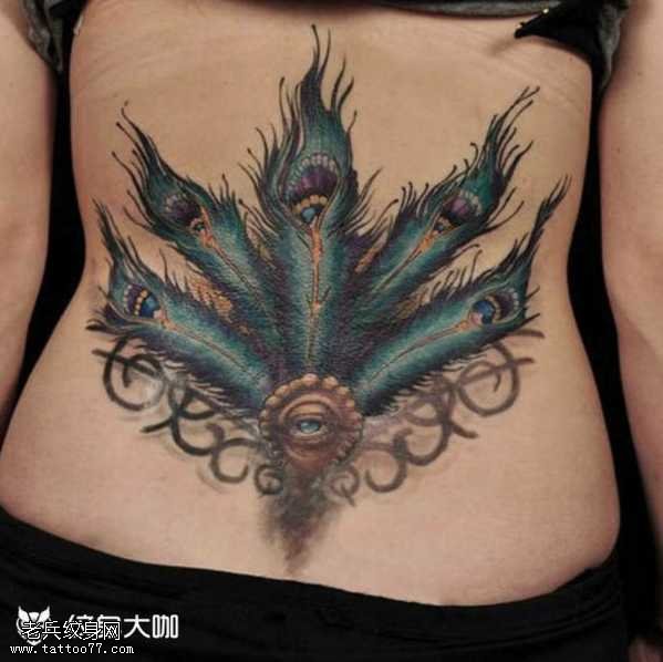 腰部孔雀羽毛纹身图案