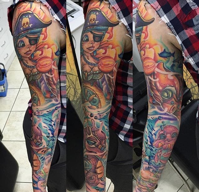 大腿上精致的New School风格恐龙纹身图案