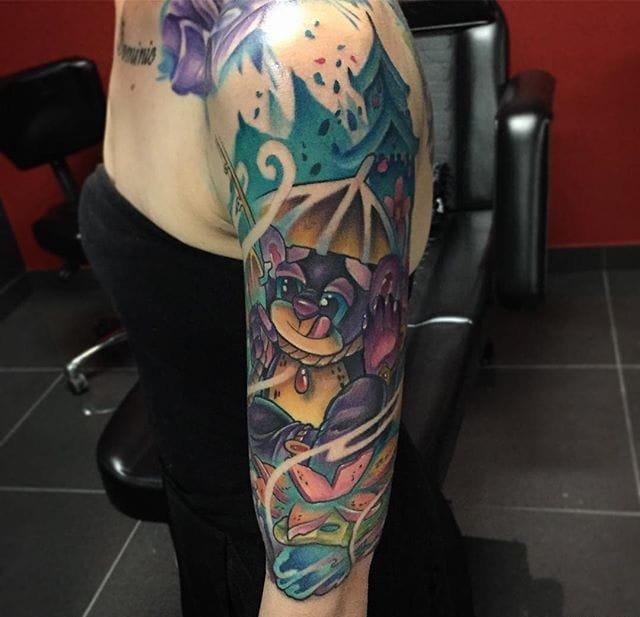 大腿上精致的New School风格恐龙纹身图案