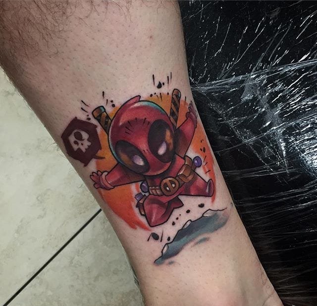 大腿上精致的New School风格恐龙纹身图案