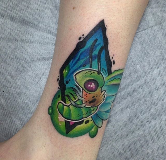 大腿上精致的New School风格恐龙纹身图案