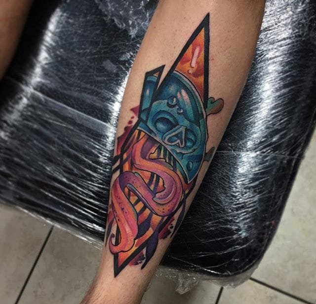 大腿上精致的New School风格恐龙纹身图案