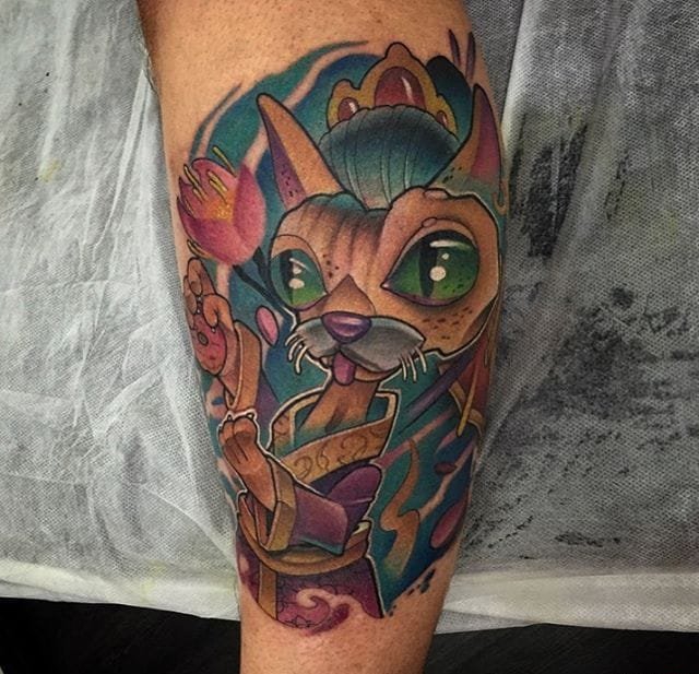 大腿上精致的New School风格恐龙纹身图案