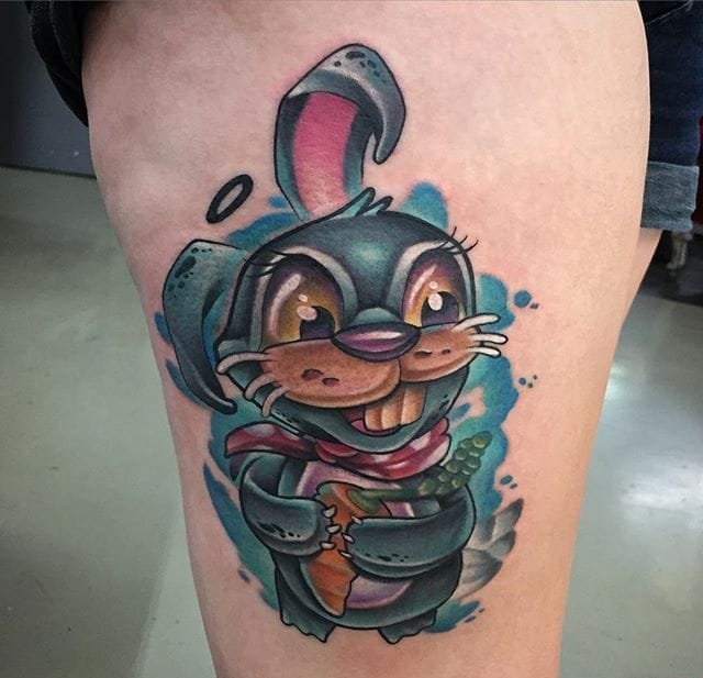 大腿上精致的New School风格恐龙纹身图案