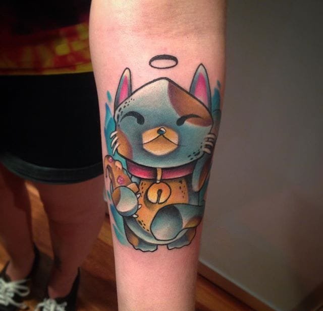 大腿上精致的New School风格恐龙纹身图案