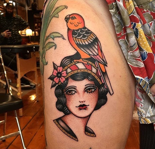 old school风格大象骑士女孩纹身图案