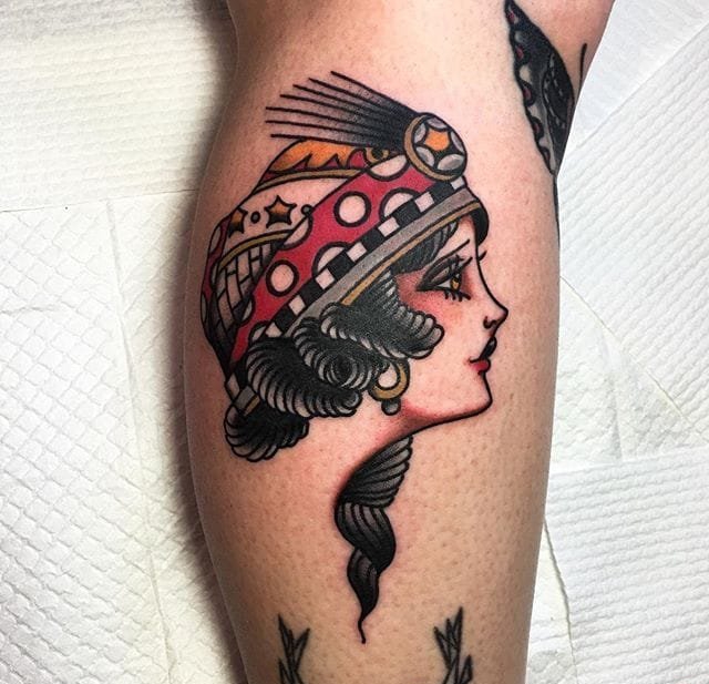 old school风格大象骑士女孩纹身图案