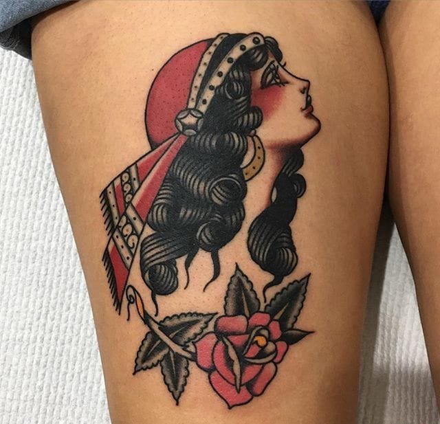 old school风格大象骑士女孩纹身图案