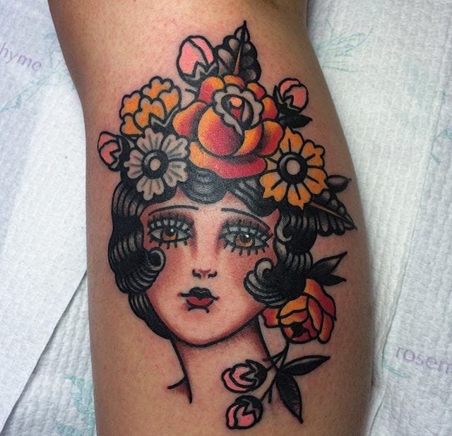 old school风格大象骑士女孩纹身图案