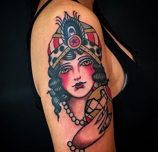 old school风格大象骑士女孩纹身图案