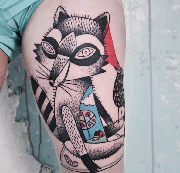 大腿上可爱的动物獾纹身图案