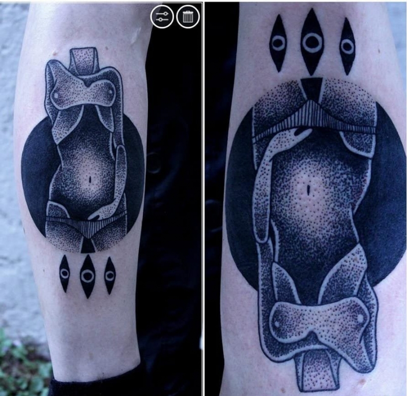 大腿上抽象立体派现代纹身图案