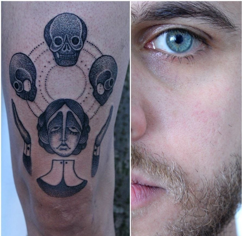 大腿上抽象立体派现代纹身图案