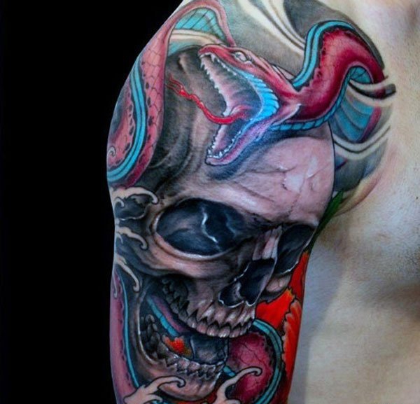 花臂玫瑰花女性骷髅头纹身图案