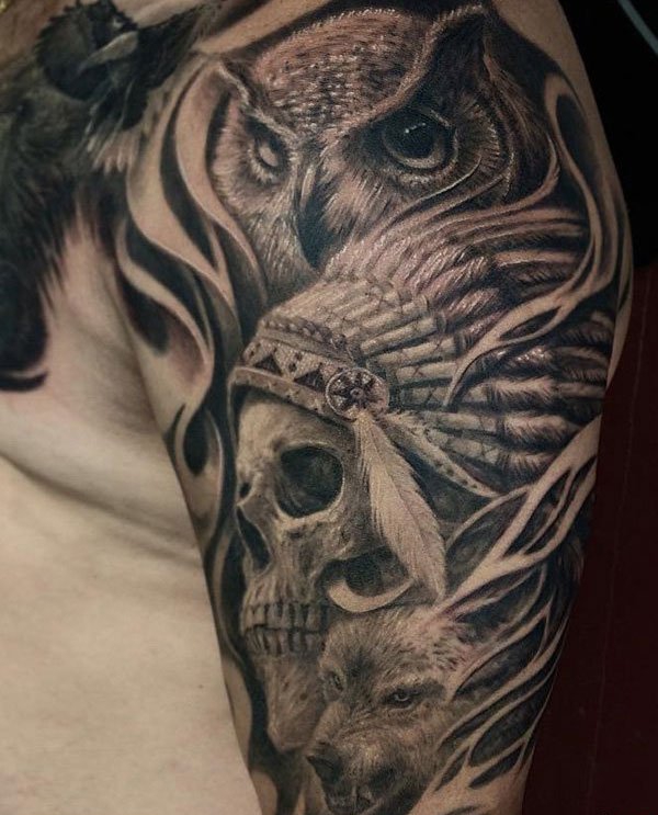 花臂玫瑰花女性骷髅头纹身图案