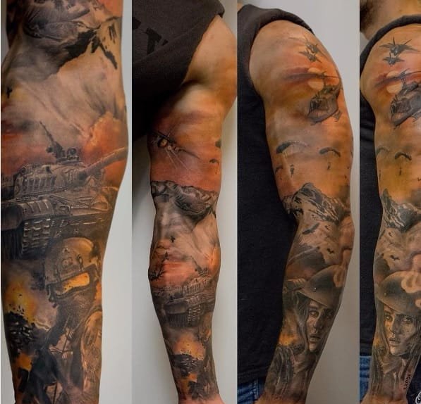 大腿上黑色坦克纹身图案