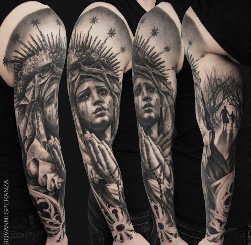 哥特派花臂正义天平雕像纹身图案