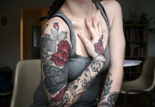 花臂抽象几何图形骷髅头眼睛纹身图案