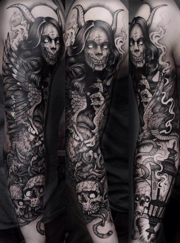 花臂抽象几何图形骷髅头眼睛纹身图案