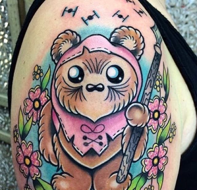 大腿上的花朵和聪明的恐龙小姐纹身图案