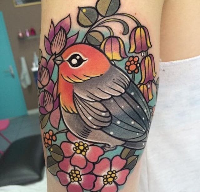 大腿上的花朵和聪明的恐龙小姐纹身图案