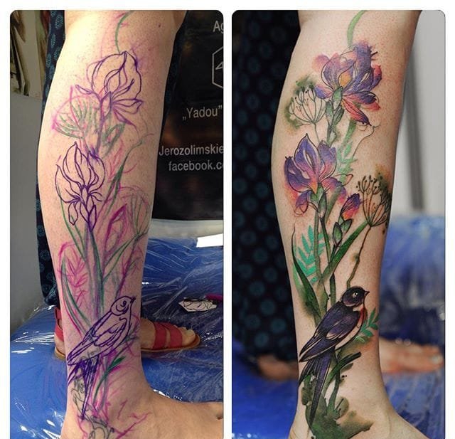 女性大腿上的哈利波特的灵感猫头鹰纹身图案