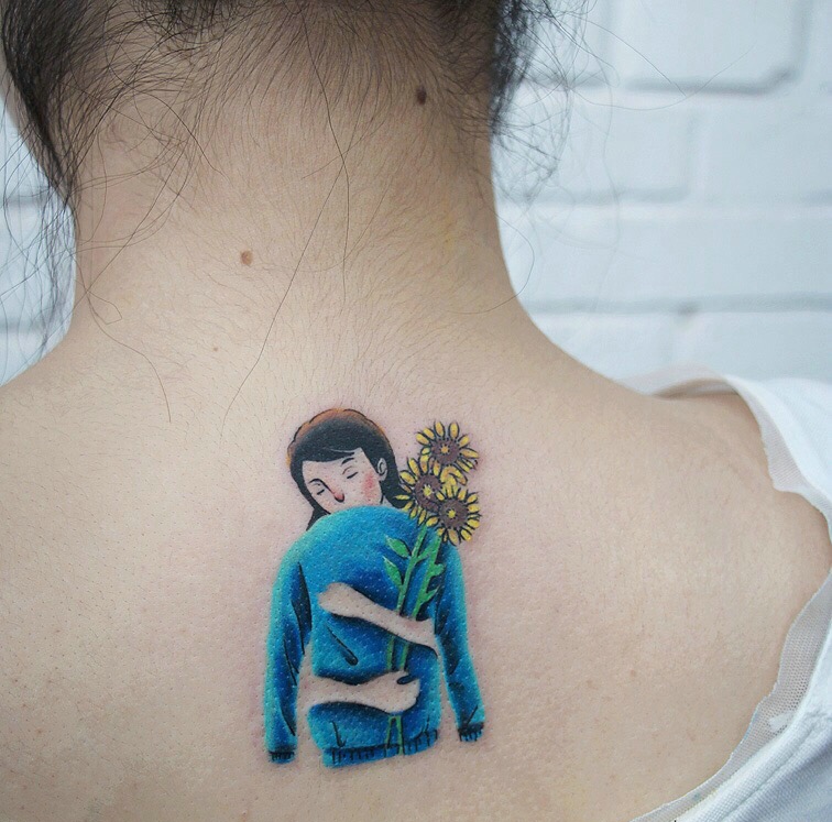 后背小清新向日葵与小女孩的纹身图案