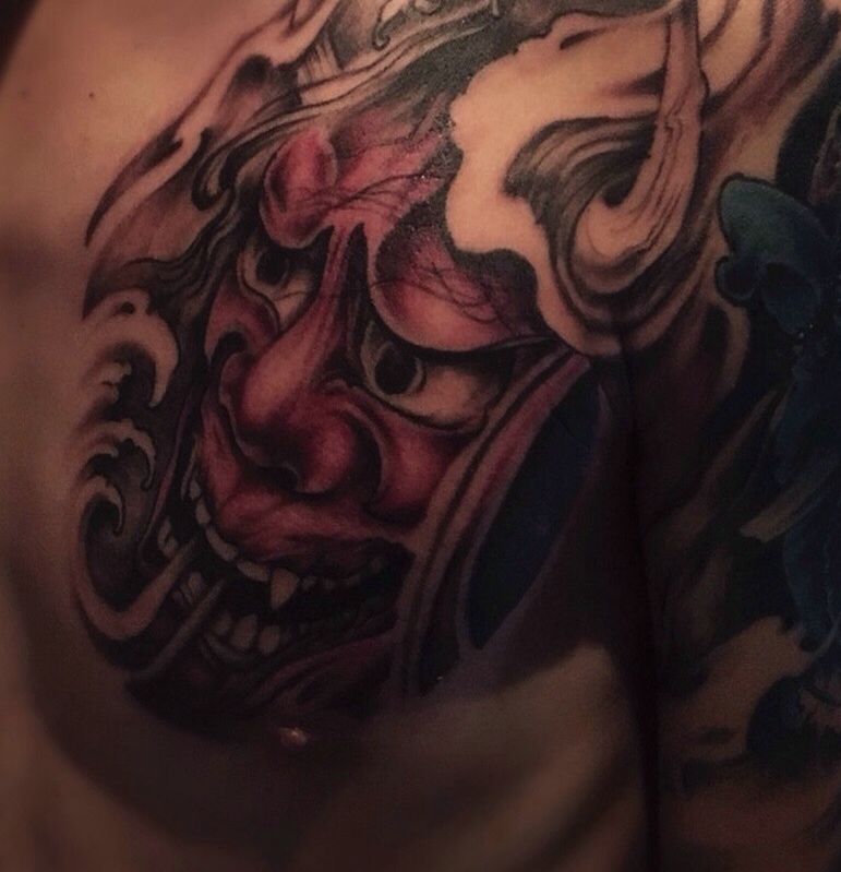 般若与象神结合的彩色半甲纹身图案