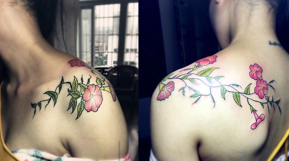 个性男生肩膀上的漂亮花朵纹身图案