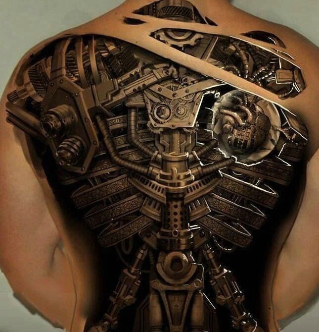 洒满整个背部的3d机械纹身图案