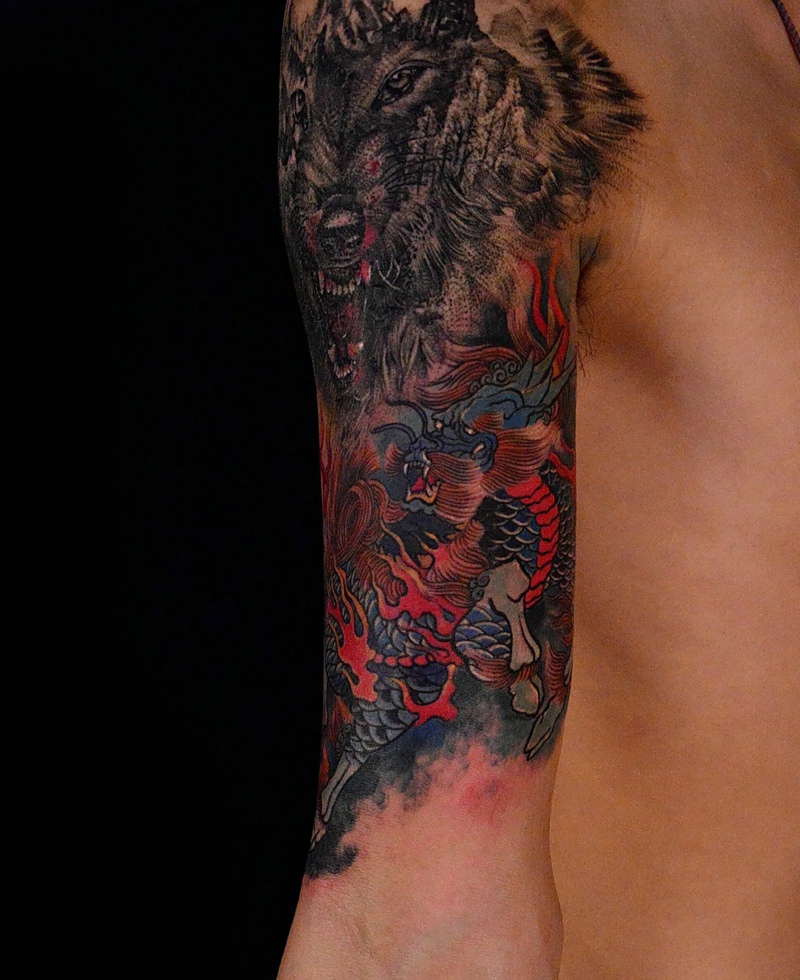 花臂老传统貔貅纹身图案很有魄力