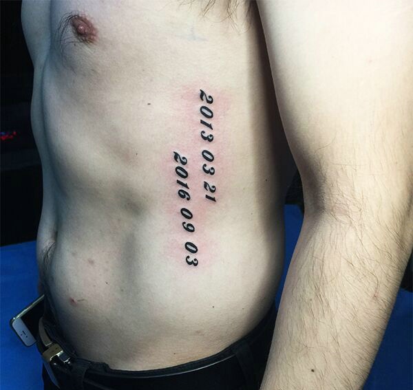 个性男士腰部上的阿拉伯数字纹身图案