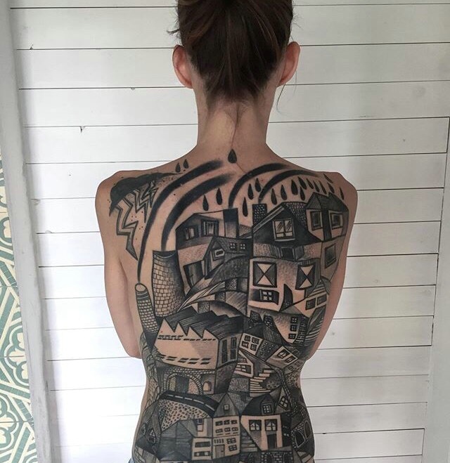 充满温暖的满背房屋纹身图案