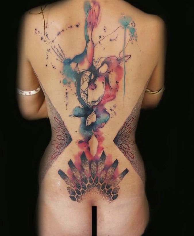 一组几何点刺线条水墨纹身完美结合