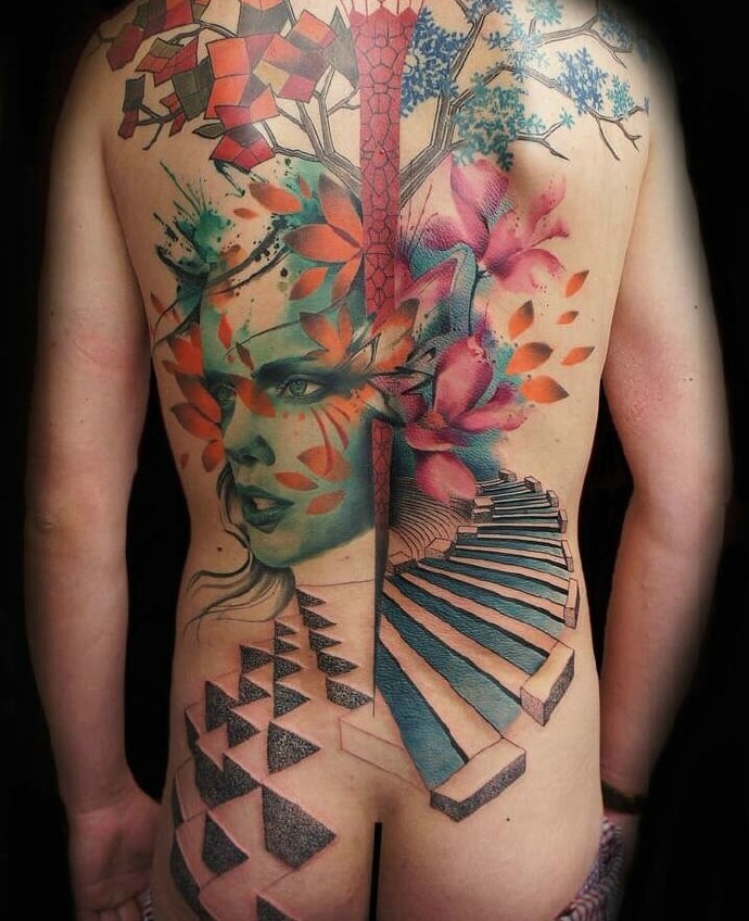 几何点刺线条水墨的完美结合纹身图案