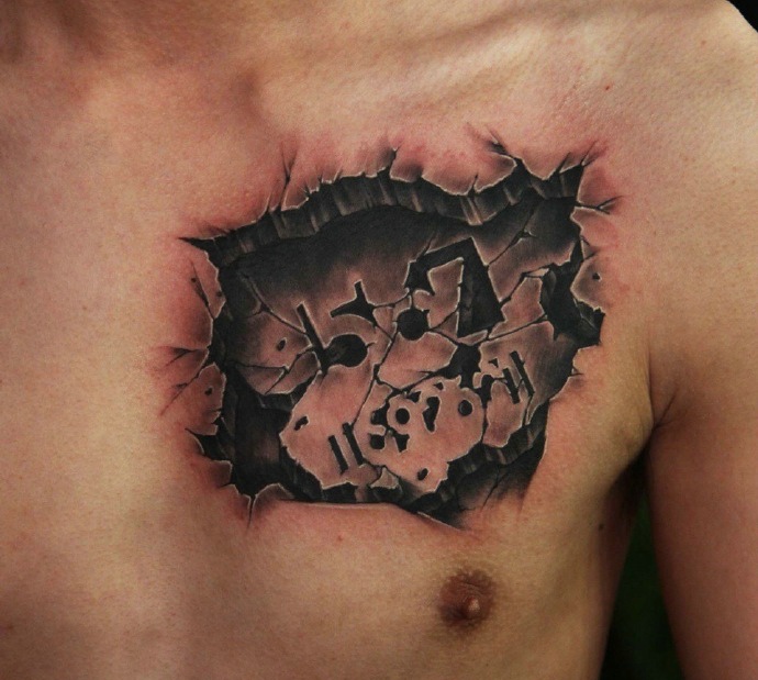 非常逼真的一款胸前3d纹身图案