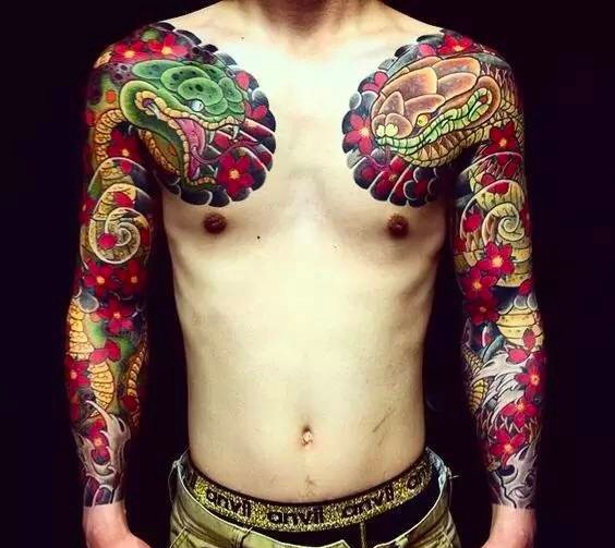 吊炸天的双半甲彩色图腾纹身图案