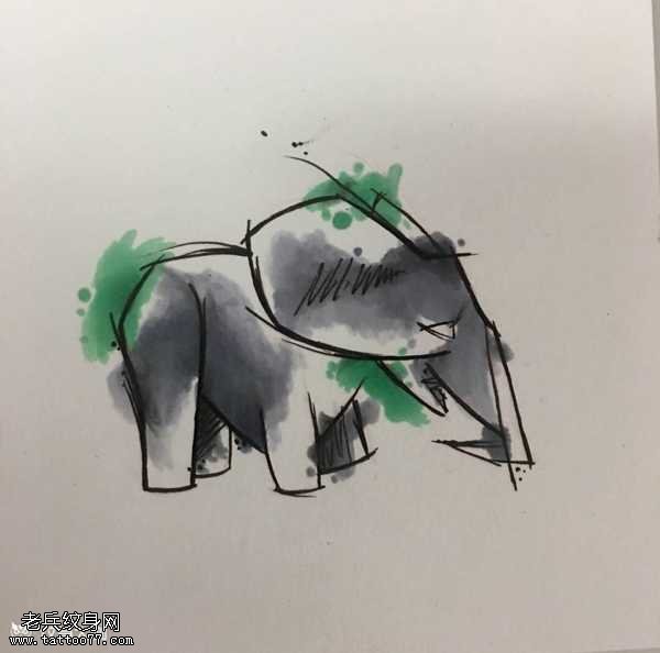 手稿小象纹身图案