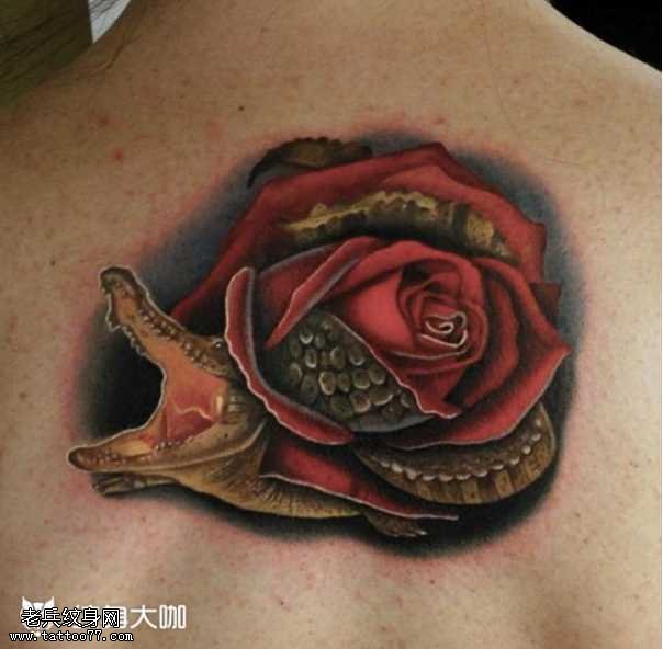 背部玫瑰鳄鱼纹身图案