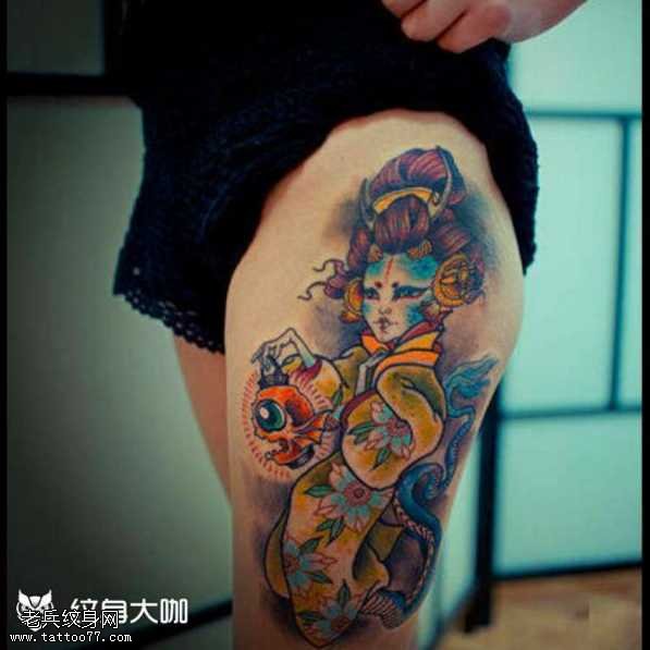 腿部美人鱼艺妓纹身图案