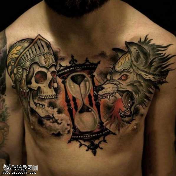 胸部沙漏骷髅纹身图案