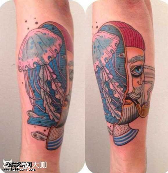 腿部水母纹身图案